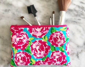 Pink Roses Floral Fabric Standard Zipper case- Pink Floral Zipper Pouch- Zipper Pouch- Make up Bag- Zipper Pouch