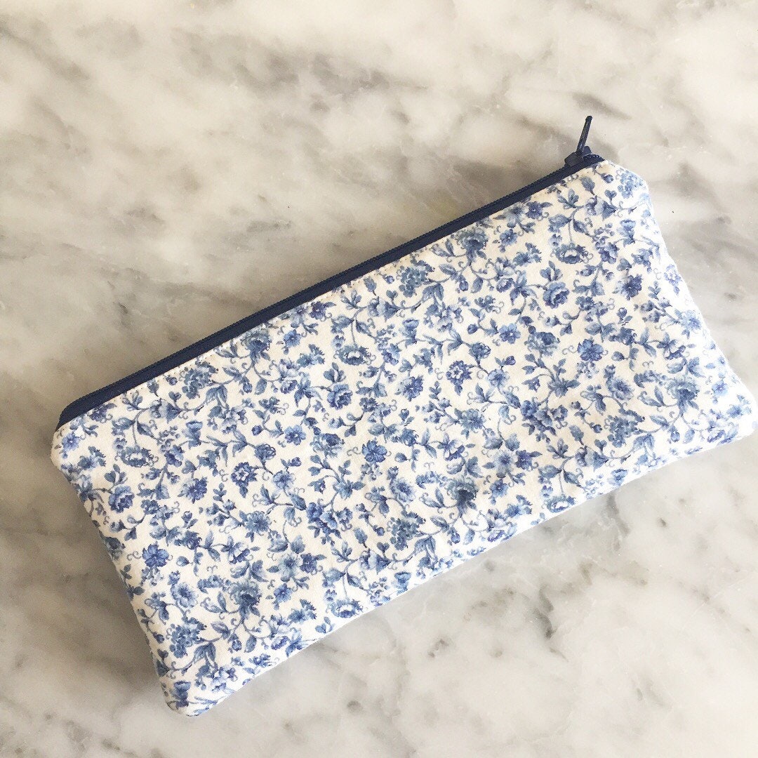 Blue and White Floral Zipper Pouch Floral Zipper Pouch Make up Bag Zipper  Pouch Pencil Case Floral Pencil Case 