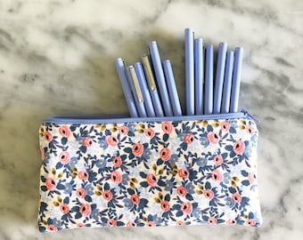 Periwinkle Rosa Floral Zipper Pouch- Rifle Paper Co Zipper Pouch- Make up Bag- Zipper Pouch- Pencil Case- Floral pencil case