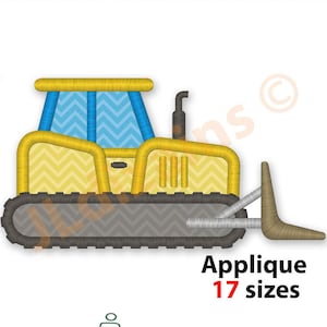 May include: Yellow and blue bulldozer applique embroidery design. The design features a yellow bulldozer with a blue windshield and a gray track. The design is available in 17 sizes.