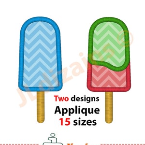 Może przedstawiać: Dwa wzory aplikacji w kształcie lodów na patyku, jeden w kolorze niebieskim i białym, a drugi w kolorze zielonym, czerwonym i białym. Tekst "Two designs Applique 15 sizes" znajduje się pod lodami.