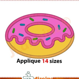 May include: Pink and yellow embroidered donut applique with sprinkles. Applique 14 sizes.