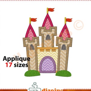 May include: Applique design of a brown castle with pink and purple accents. The castle has three towers with red flags. The castle is sitting on a green grassy base. Applique 17 sizes.