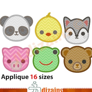Puede incluir: Seis diseños de aplique bordados de colores con caras de animales: un panda, un pollito, un lobo, un cerdo, una rana y un oso. Los diseños están disponibles en 16 tamaños.
