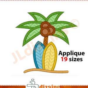 Surfboard and palm tree embroidery design. Machine embroidery design.