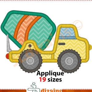 May include: A yellow cement mixer truck applique with a green and orange cement drum. The truck has black wheels and a yellow cab. The applique is available in 19 sizes. Applique 19 sizes.