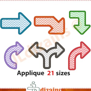 May include: Set of six chevron patterned arrow applique designs in various colors, including blue, orange, green, purple, red, and gray. The text "Applique 21 sizes" is below the arrows.
