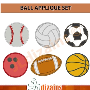 May include: Set of six embroidered applique designs of different sports balls: baseball, volleyball, soccer ball, bowling ball, football, and basketball.