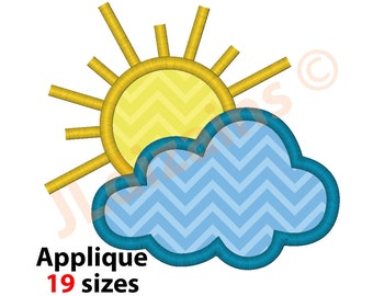 Cloudy Applique Design. Sun embroidery design. Sun applique design. Cloud applique embroidery. Sunny applique. Machine embroidery design.