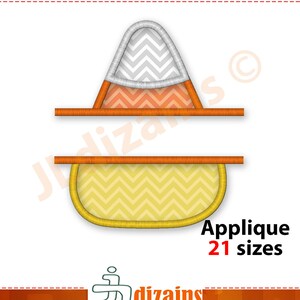 May include: Candy corn applique embroidery design with a chevron pattern in orange, yellow and white. The design is available in 21 sizes.