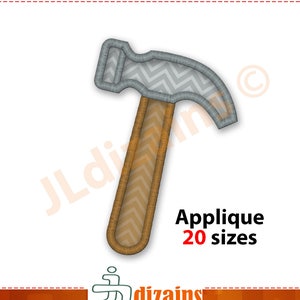 May include: A gray hammer with a brown wooden handle. The hammer is a simple design with a chevron pattern on the handle and head. Applique 20 sizes.