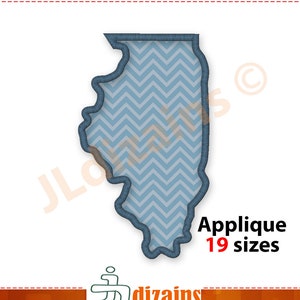 Può includere: Applique blu dello stato dell'Illinois con un motivo a chevron. L'applique è disponibile in 19 dimensioni.