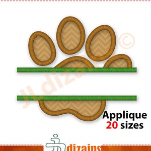 May include: Brown paw print applique with a green line for text. Applique is available in 20 sizes.