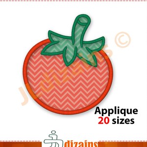 May include: Embroidered tomato applique with a red and orange zigzag pattern. The tomato has a green stem and leaves. The text "Applique 20 sizes" is displayed in black and red.