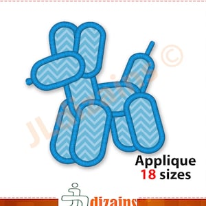 May include: Blue applique design of a balloon animal dog with a chevron pattern. Applique 18 sizes.