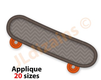 May include: Applique design of a skateboard with a gray chevron pattern and orange wheels. The text "Applique 20 sizes" is below the skateboard.