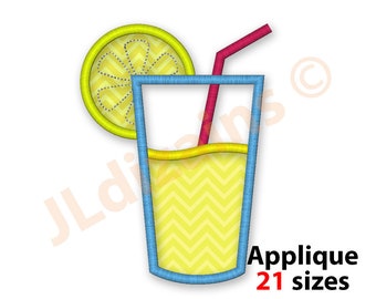 Lemonade Applique Embroidery Design. Lemonade glass embroidery design. Juice applique design. Summer applique machine embroidery design.