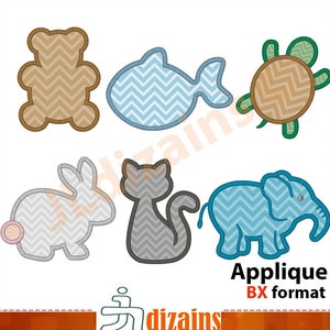 Tiere Appliqueentwurf Set. Maschinenstickerei-Designs. Tiere Stickerei. Bär, Fisch, Schildkröte, Kaninchen, Katze, Elefant Applikation