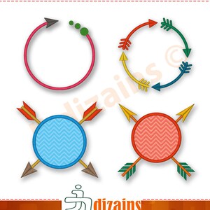 Puede incluir: Cuatro diseños de bordado con flechas y círculos. El primer diseño es un círculo rosa con una flecha negra que apunta en el sentido de las agujas del reloj. El segundo diseño es un círculo azul con cuatro flechas que apuntan en diferentes direcciones. El tercer diseño es un círculo rojo con cuatro flechas que apuntan en diferentes direcciones. El cuarto diseño es un círculo azul con cuatro flechas que apuntan en diferentes direcciones.