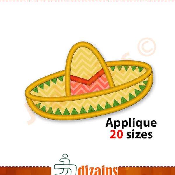 Conception applique sombrero Conception de broderie mécanique 20 tailles incluses de broderie Sombrero Appliqué au chapeau mexicain