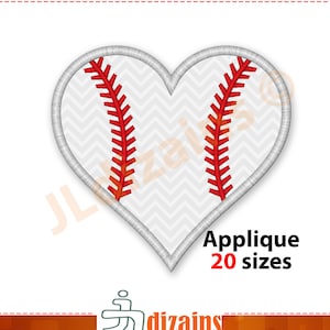 May include: White heart-shaped applique with red stitching, resembling a baseball. The applique is available in 20 sizes.