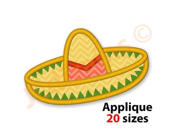May include: A sombrero applique design in yellow and green. The hat has a zigzag pattern and a red and pink centre. The text "Applique 20 sizes" is displayed below the hat.