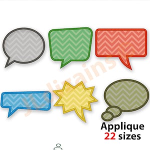 Può includere: Sei diversi design di applicazioni di bolle di dialogo in vari colori, tra cui grigio, verde, rosso, blu, giallo e marrone. Ogni bolla di dialogo ha un motivo a chevron. Il testo "Applique 22 misure" è sotto le bolle di dialogo.