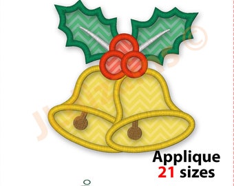 Christmas Bells Applique Embroidery Design. Holly embroidery. Machine embroidery files. 2 - 12 inches. Instant Download.