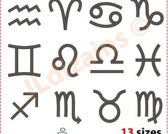 Zodiac Signs Embroidery Bundle: Horoscope Symbols Machine Embroidery set. (Instant Download)