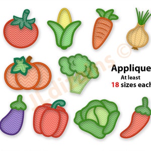 May include: A set of 10 applique embroidery designs featuring various vegetables, including a tomato, corn, carrot, onion, pumpkin, broccoli, pepper, cabbage, eggplant, and chili pepper. The designs are in a variety of colors and have a chevron pattern. Applique At least 18 sizes each