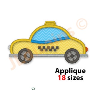 Puede incluir: Diseño de bordado de aplique de taxi amarillo con un patrón de chevron azul y blanco en el techo y un letrero de taxi negro y amarillo. El diseño está disponible en 18 tamaños.