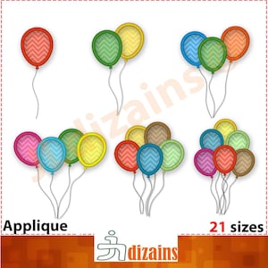 May include: A set of applique designs featuring colorful balloons with chevron patterns. The designs are available in 21 sizes.