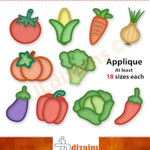 Vegetable Applique Embroidery Design Set – Pumpkin, Carrot, Tomato, Chili, Corn Machine Embroidery Files – Instant Download.