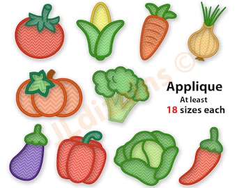 Vegetable Embroidery Applique Design Set. Pumpkin applique, carrot applique, tomato applique, chili applique, corn Machine embroidery design