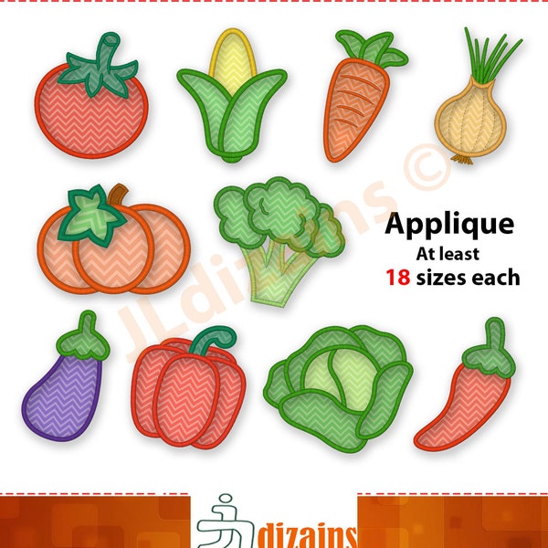 Vegetable Embroidery Applique Design Set. Pumpkin applique, carrot applique, tomato applique, chili applique, corn Machine embroidery design