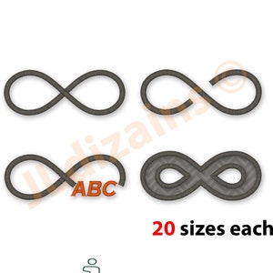 May include: Four different embroidery designs of the infinity symbol. The designs are in gray and include a plain infinity symbol, a textured infinity symbol, an infinity symbol with the letters ABC inside, and a textured infinity symbol with a more intricate design.