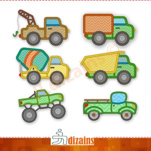 May include: Six different types of toy trucks with a zig-zag pattern. The trucks are green, yellow, brown, and orange. The trucks are all on a white background.