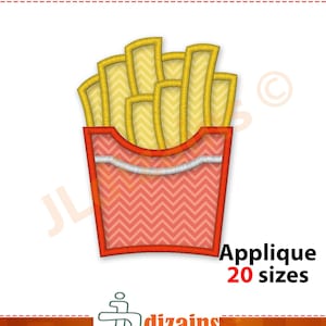 フライドポテトの刺繍アップリケデザイン。フライドポテトの刺繍。フライドポテトのアップリケ。20サイズのミシン刺繍デザインをすぐにダウンロードできます。