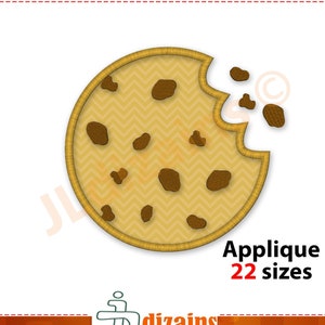 May include: A brown chocolate chip cookie with a bite taken out of it. The cookie has a chevron pattern and is outlined in brown. Applique 22 sizes.