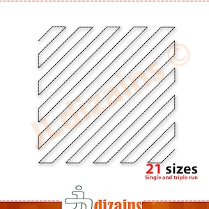 May include: A black and white line drawing of a diagonal pattern. The pattern is made up of a series of parallel lines that are angled at 45 degrees. The pattern is repeated throughout the image. The image is labeled "21 sizes" and "Single and triple run".