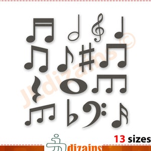 Peut inclure: Un ensemble de 13 symboles de notes de musique différents, y compris la clé de sol, la clé de fa, le dièse, le bémol et la ronde. Les symboles sont en noir et blanc et sont disposés de manière aléatoire.