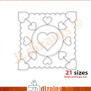 Quilt Block Embroidery Design. Heart quilting block embroidery design. Run and Bean stitch quilting block machine embroidery design.