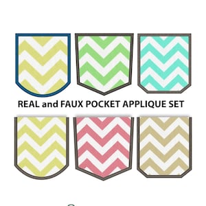 May include: Set of six embroidery designs for faux and real pockets. The designs feature a chevron pattern in various colors, including yellow, green, blue, pink, and beige.