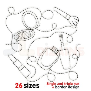 以下が含まれることがあります： コンパクトミラー、マニキュア、口紅、メイクブラシなど、メイクアップアイテムの白黒線画イラスト。画像には「26サイズ」と「Single and triple run + border design」のテキストが含まれています。