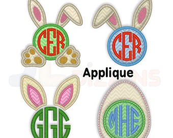Set van geborduurde appliqués met paasmonogram. Pasen-appliqué. Pasen-borduurontwerp. Appliqué met konijnenoren. Machineborduurontwerp.