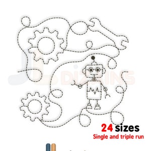 Robot quilt block machine embroidery design. Robot quilt block embroidery. Gears, robot, wrench quilt block machine embroidery design. E2E