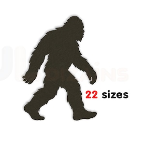 May include: A dark brown, textured silhouette of a Bigfoot figure walking in profile. The design features a shaggy, fur-like appearance and is accompanied by the red text "22 sizes" positioned to the right of the creature's lower body.