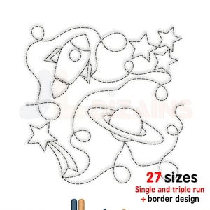 Space quilting embroidery design. Space quilt block embroidery. Space quilt block design. Rocket quilt block machine embroidery design. E2E