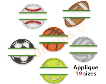 Split ball applique design set. Ball embroidery applique designs. Sports ball embroidery. Sports ball applique machine embroidery design set