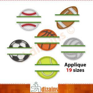Split Ball Applique Embroidery Set. Split football, soccer ball, tennis ball, volleyball, basketball, baseball machine embroidery design set